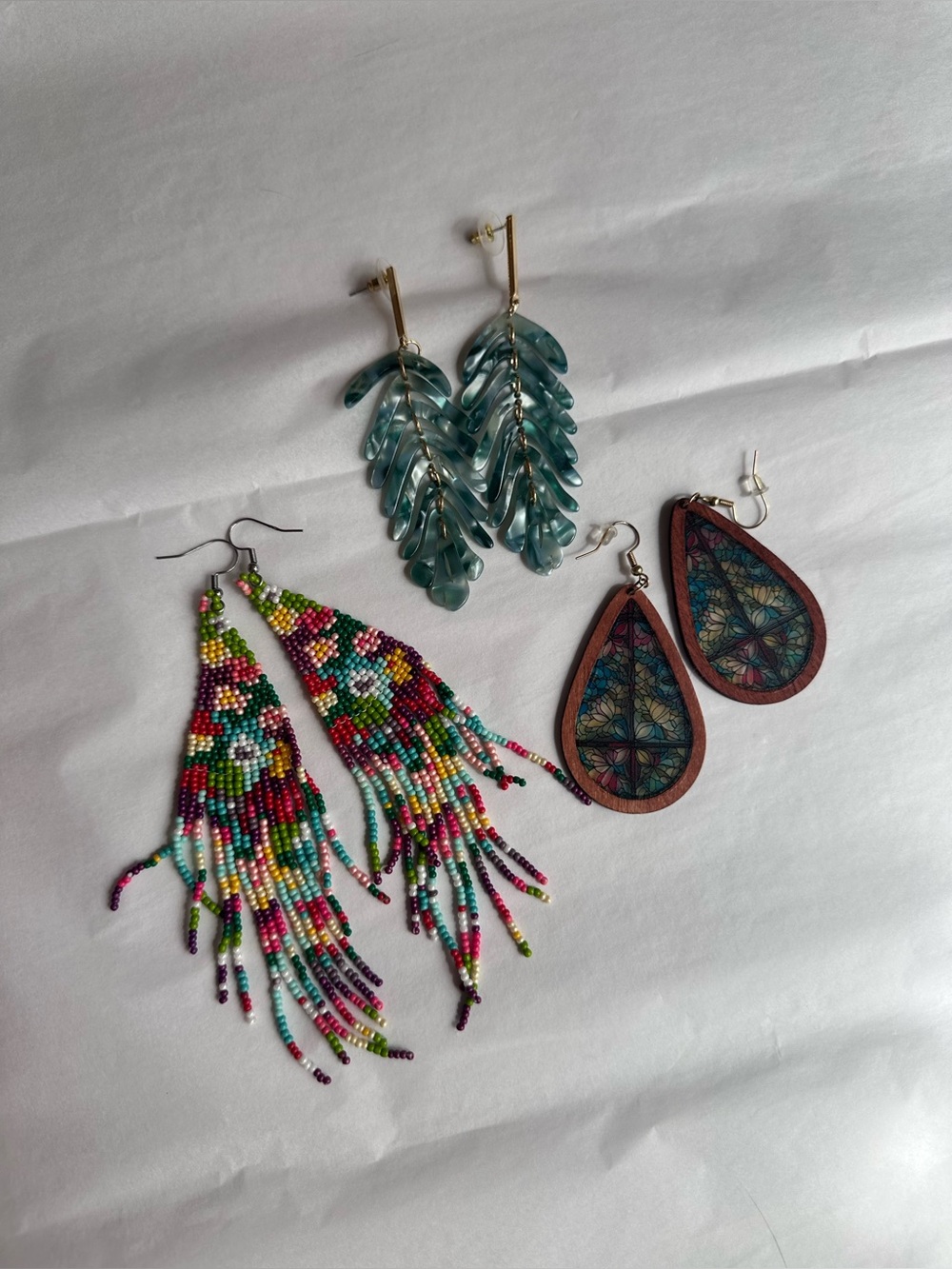 Assorted Women's Earring Set - Teal Leaf, Beaded Fringe, and Patterned Teardrop